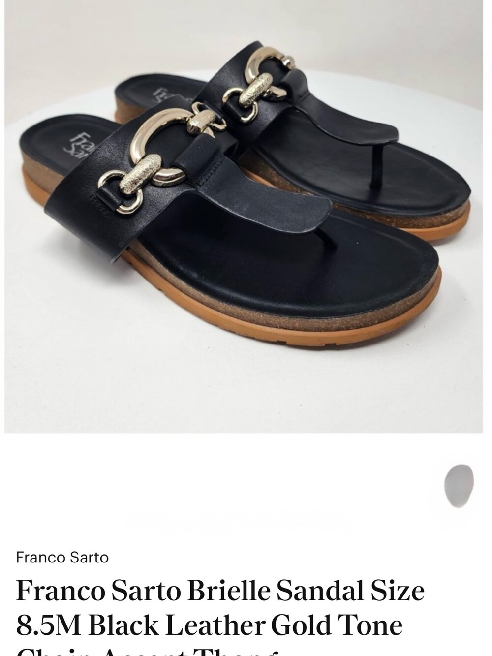 Franco Sarto Brielle Sandal Size 8.5M Black Leather Gold Tone Chain Accent Thong